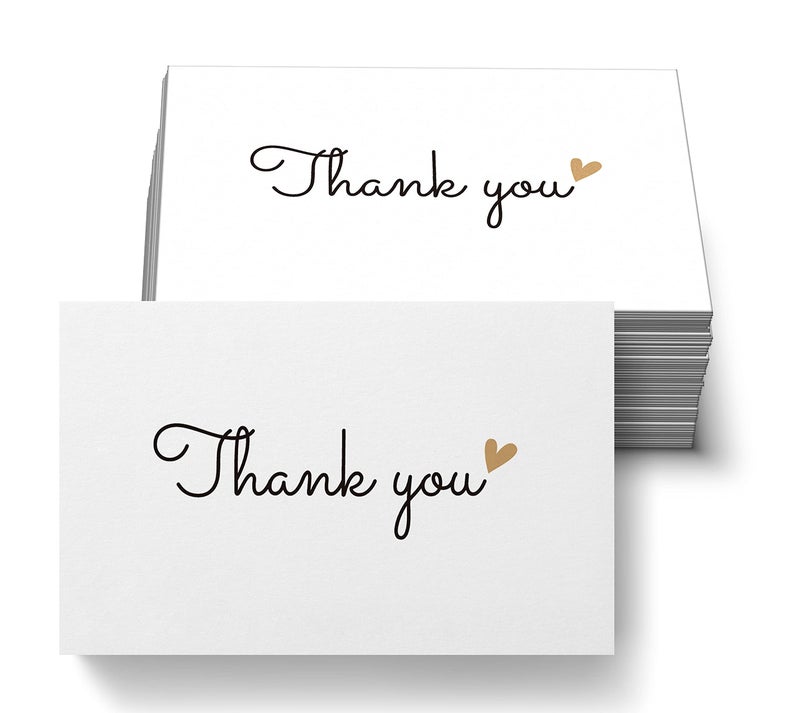 RXBC2011 100 Little Thank You Cards Gold Heart Design Bulk Thank you Notes for All Occasions Standard Business Card Size 3.5 x 2 inches white - Image 1